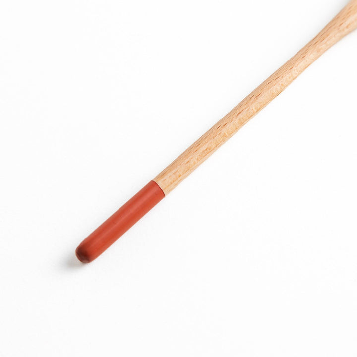 A set of four wooden curry spoons, each with a different colored tip—white, black, blue, and red.