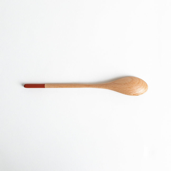 A set of four wooden curry spoons, each with a different colored tip—white, black, blue, and red.