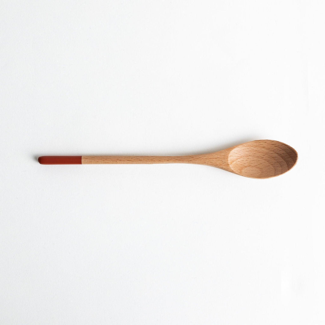 A set of four wooden curry spoons, each with a different colored tip—white, black, blue, and red.