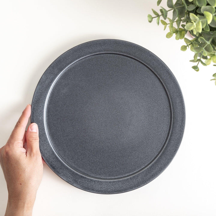 Round ceramic dinner plates, one in dark gray and the other in speckled white.