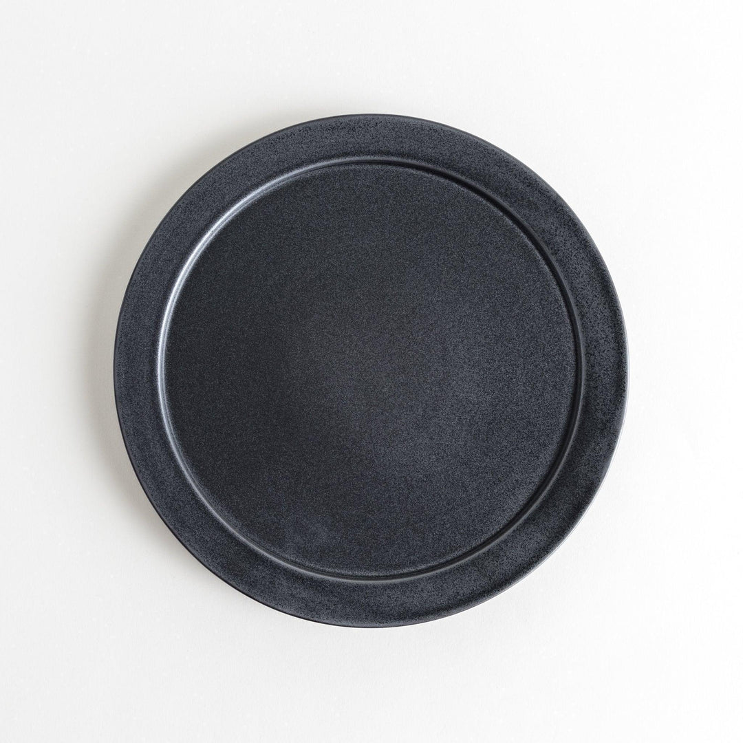 Round ceramic dinner plates, one in dark gray and the other in speckled white.