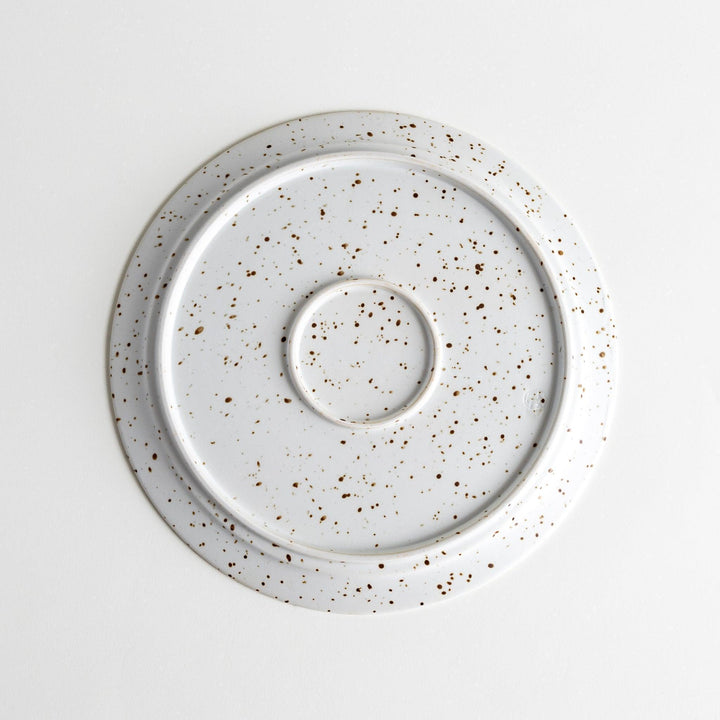 Round ceramic dinner plates, one in dark gray and the other in speckled white.