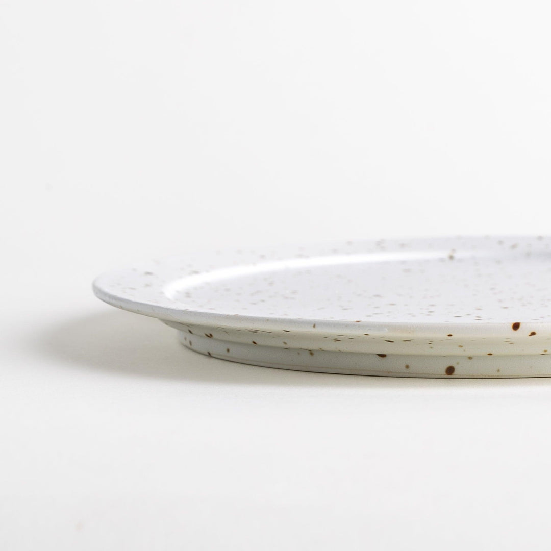 Round ceramic dinner plates, one in dark gray and the other in speckled white.