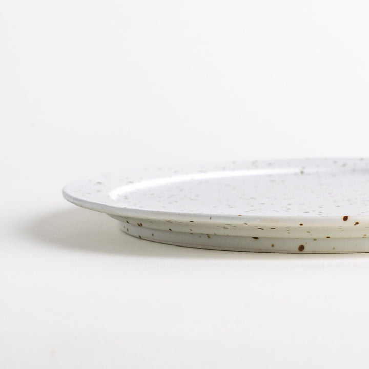 Round ceramic dinner plates, one in dark gray and the other in speckled white.