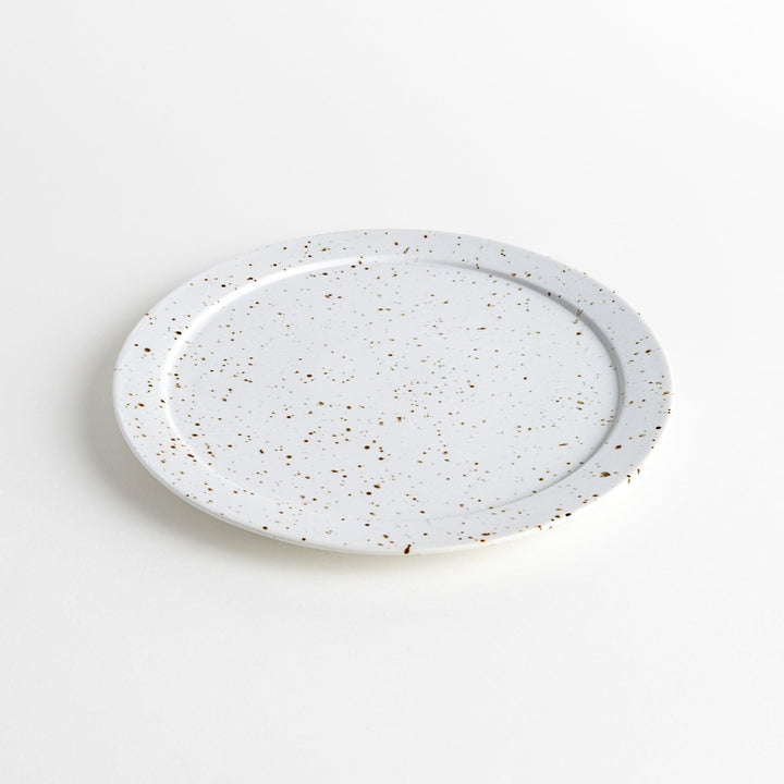 Round ceramic dinner plates, one in dark gray and the other in speckled white.