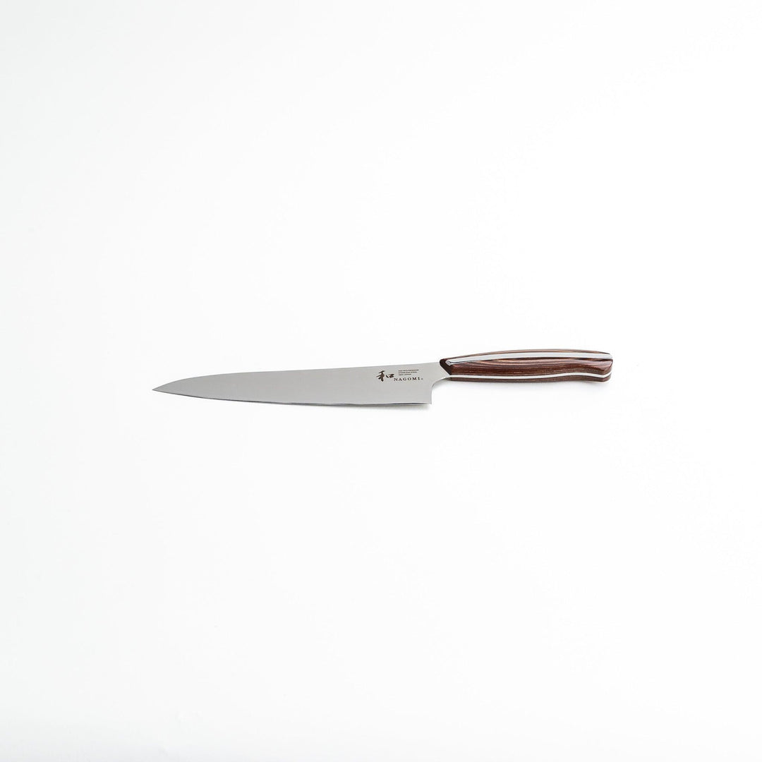 Nagomi chef's knife featuring a stainless steel blade and a sleek wooden handle, displayed on a white background.