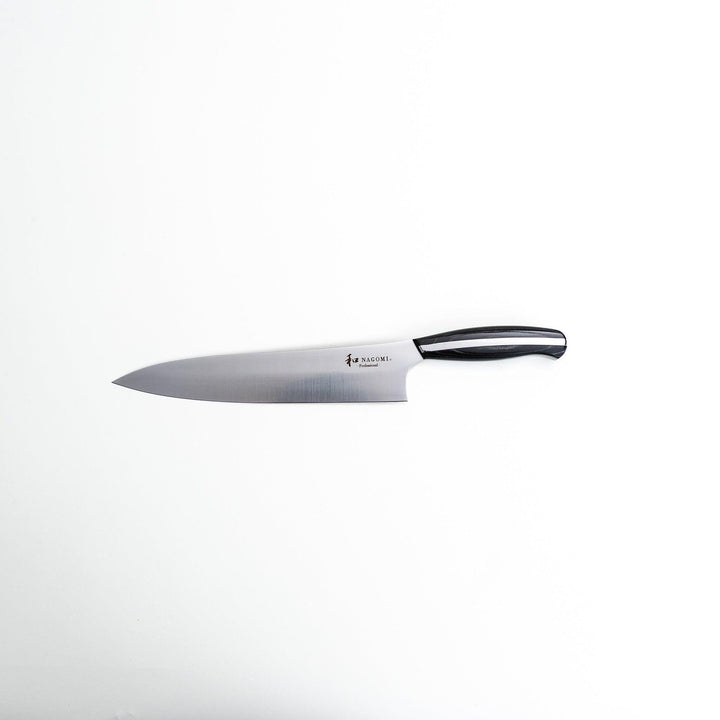 Nagomi professional chef's knife with a stainless steel blade and a black and silver handle, displayed on a dark textured background.