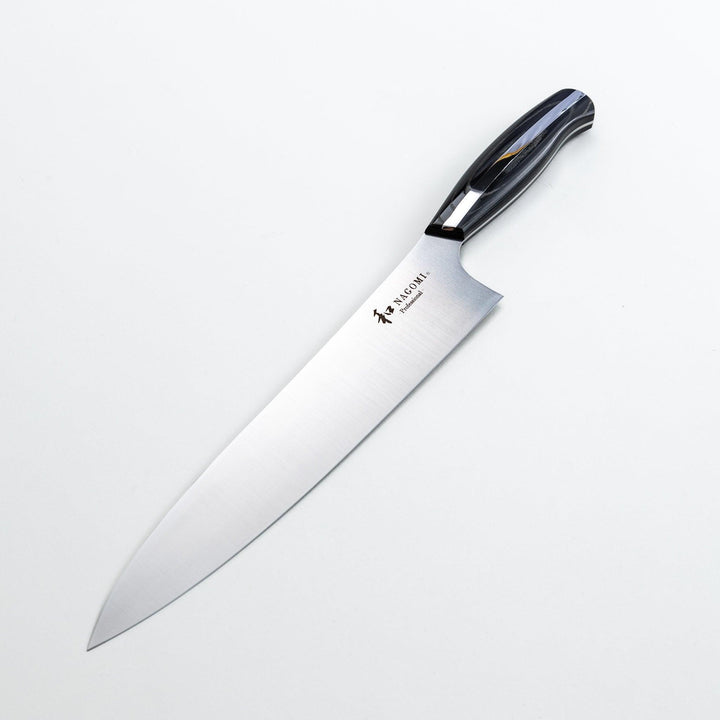 Nagomi professional chef's knife with a stainless steel blade and a black and silver handle, displayed on a dark textured background.