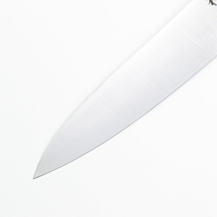 Nagomi professional chef's knife with a stainless steel blade and a black and silver handle, displayed on a dark textured background.