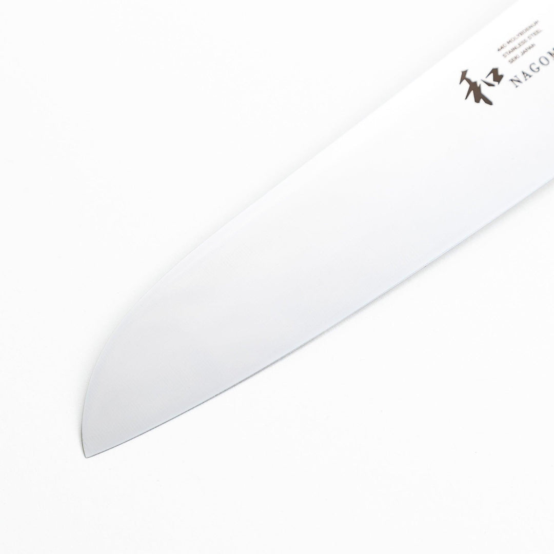 Nagomi Santoku knife with a sharp stainless steel blade and a polished wooden handle, displayed on a white background.