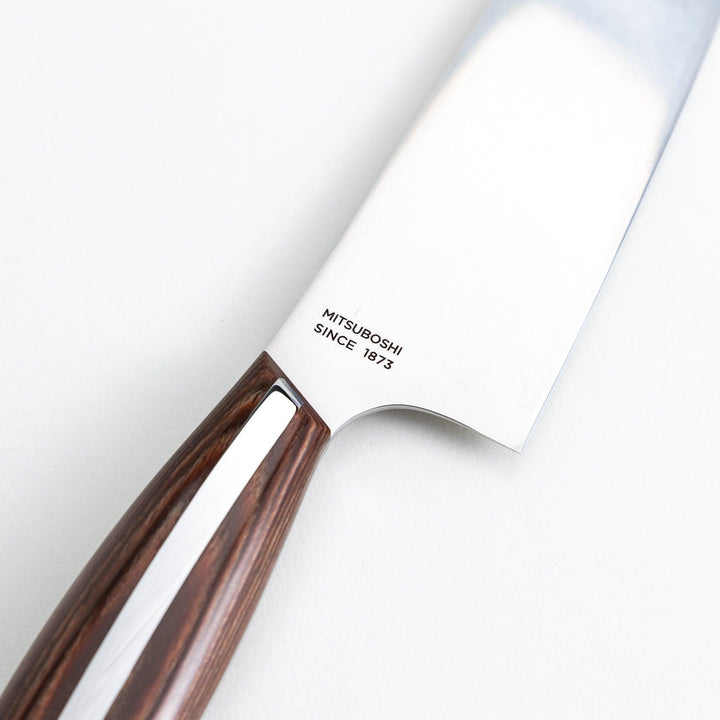 Nagomi Santoku knife with a sharp stainless steel blade and a polished wooden handle, displayed on a white background.