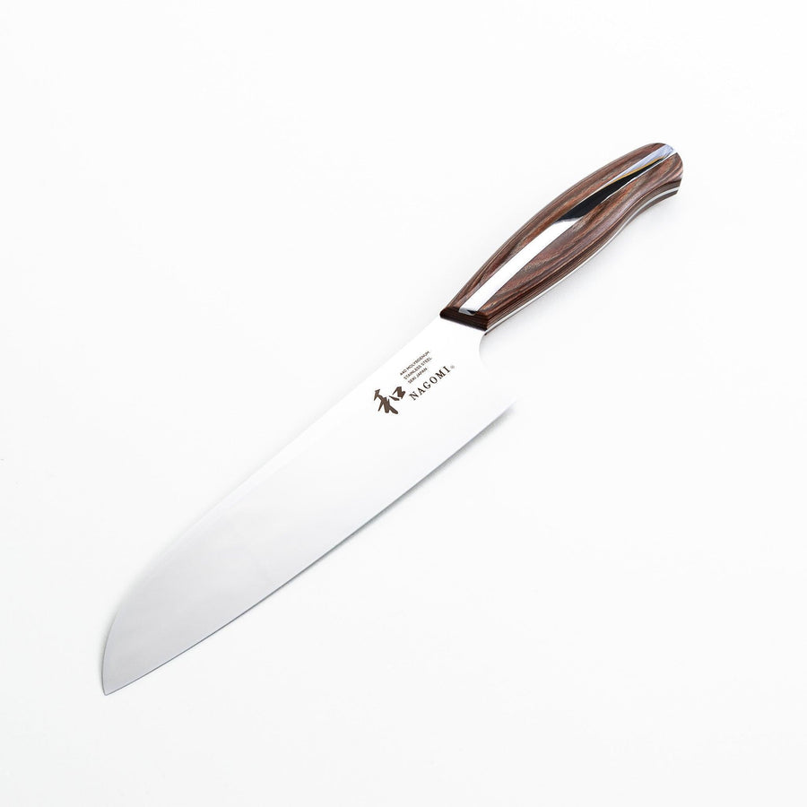 Nagomi Santoku knife with a sharp stainless steel blade and a polished wooden handle, displayed on a white background.