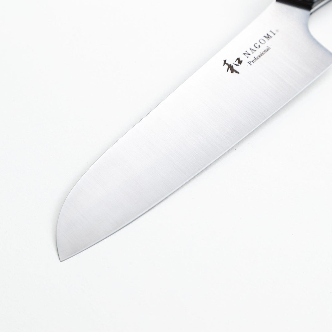 Nagomi professional santouky knife with a stainless steel blade and a black and silver handle, displayed on a dark textured background.