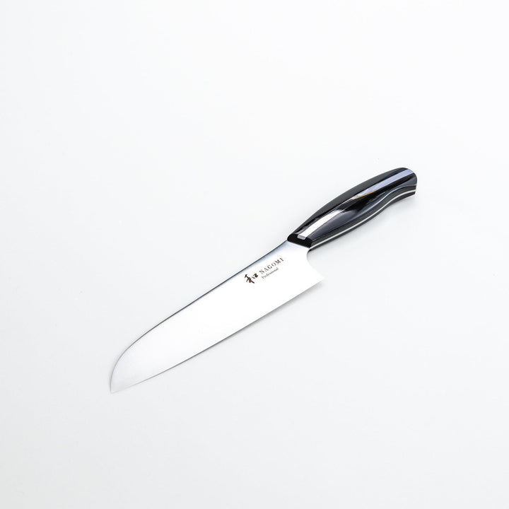 Nagomi professional santouky knife with a stainless steel blade and a black and silver handle, displayed on a dark textured background.