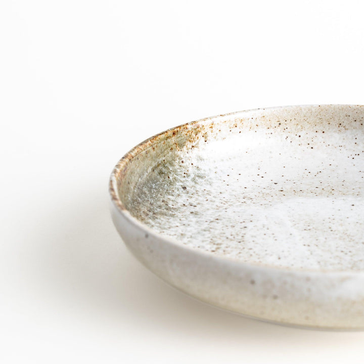 A pasta bowl with a speckled cream and brown glaze, displaying an earthy, organic design.