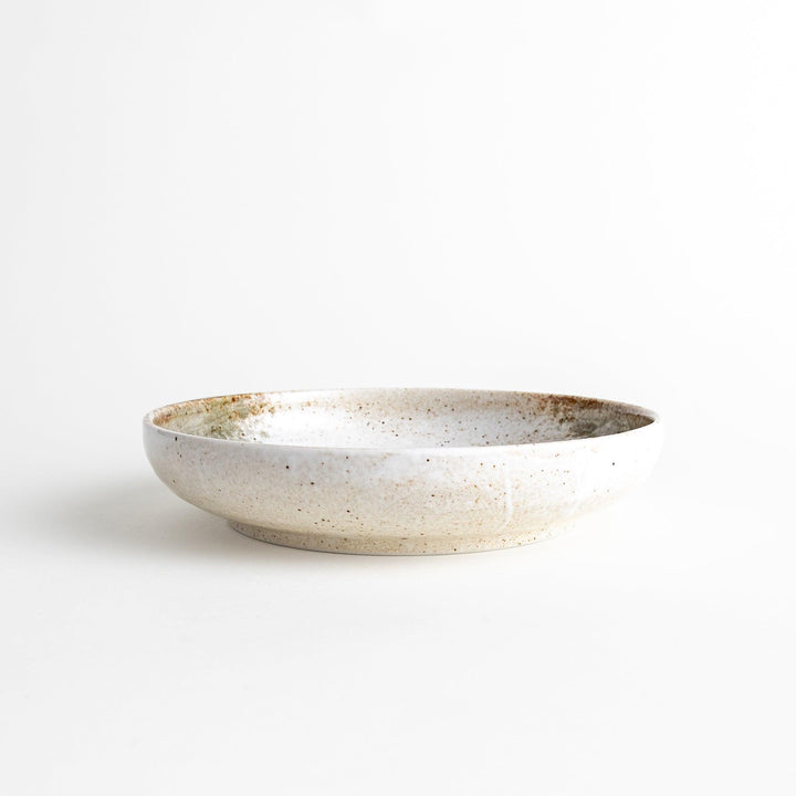 A pasta bowl with a speckled cream and brown glaze, displaying an earthy, organic design.