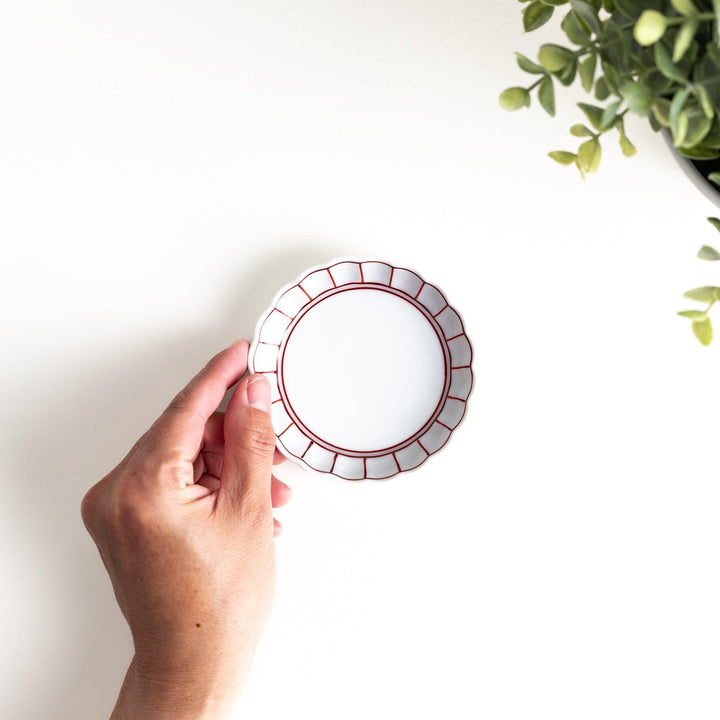 White sauce dish with scalloped edges, outlined in a thin blue or red line.