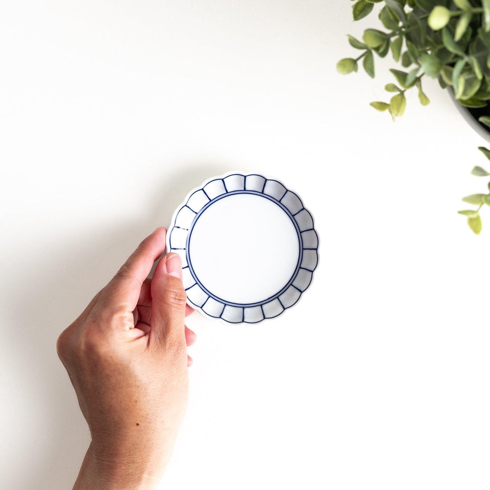 White sauce dish with scalloped edges, outlined in a thin blue or red line.