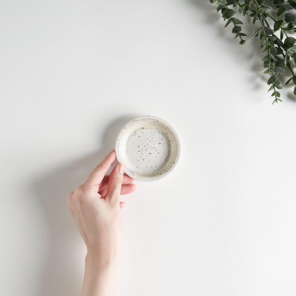 A shallow, off-white dish with a speckled glaze and a slightly textured finish.