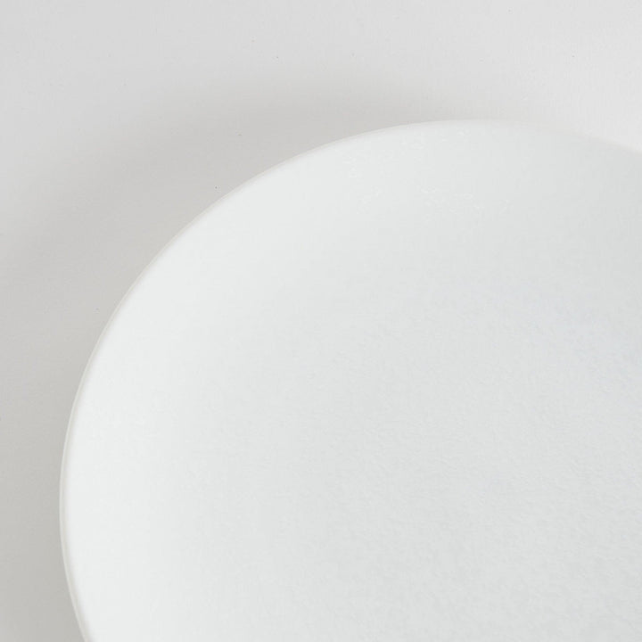 A large, round dinner plate with a soft, speckled white finish.