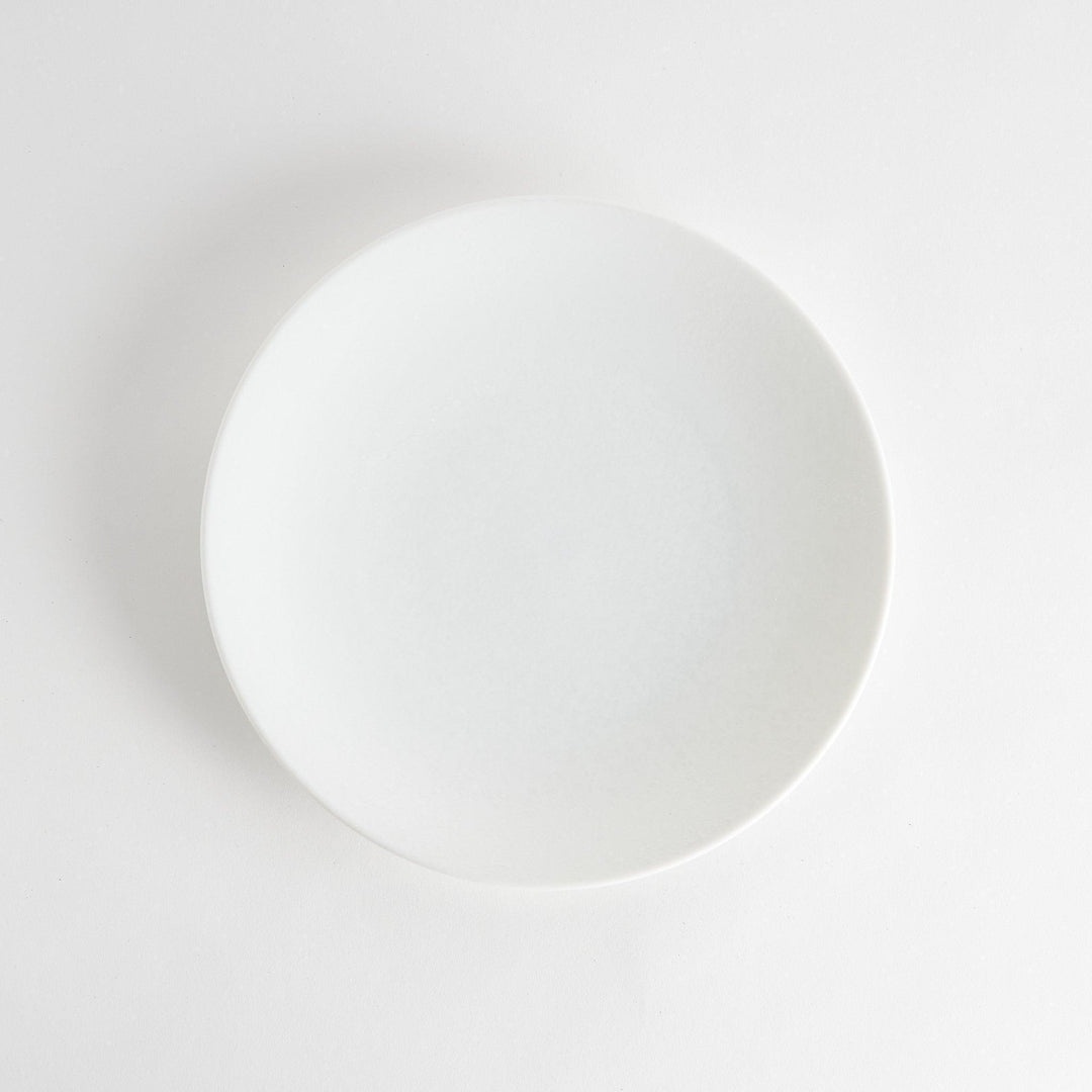 A large, round dinner plate with a soft, speckled white finish.