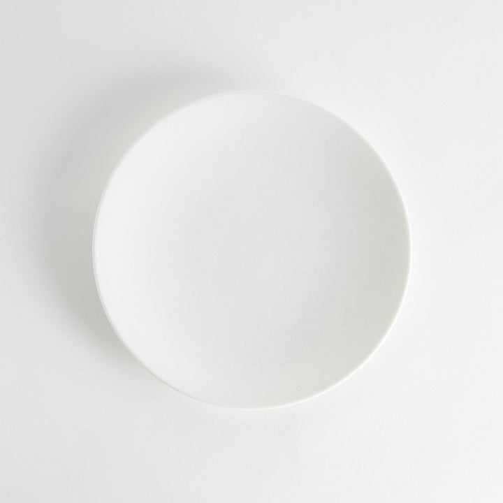 A large, round dinner plate with a soft, speckled white finish.