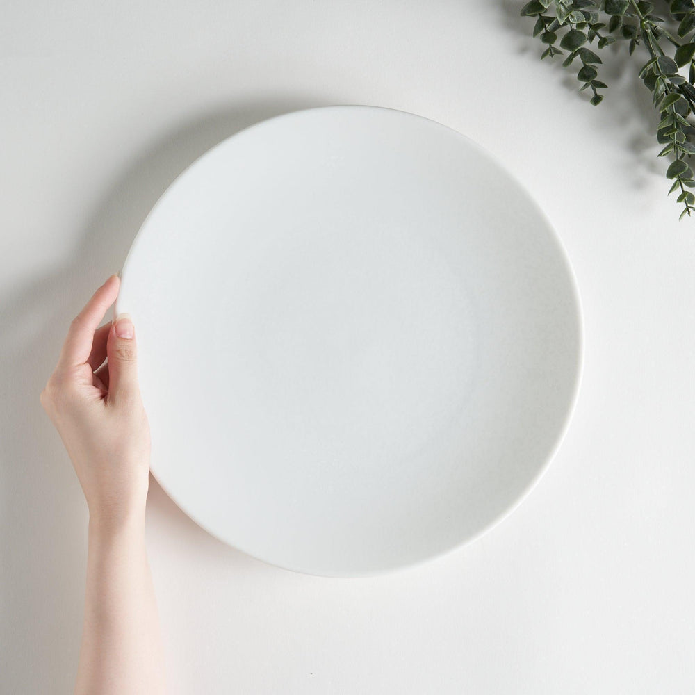 A large, round dinner plate with a soft, speckled white finish.