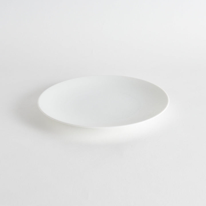 A large, round dinner plate with a soft, speckled white finish.