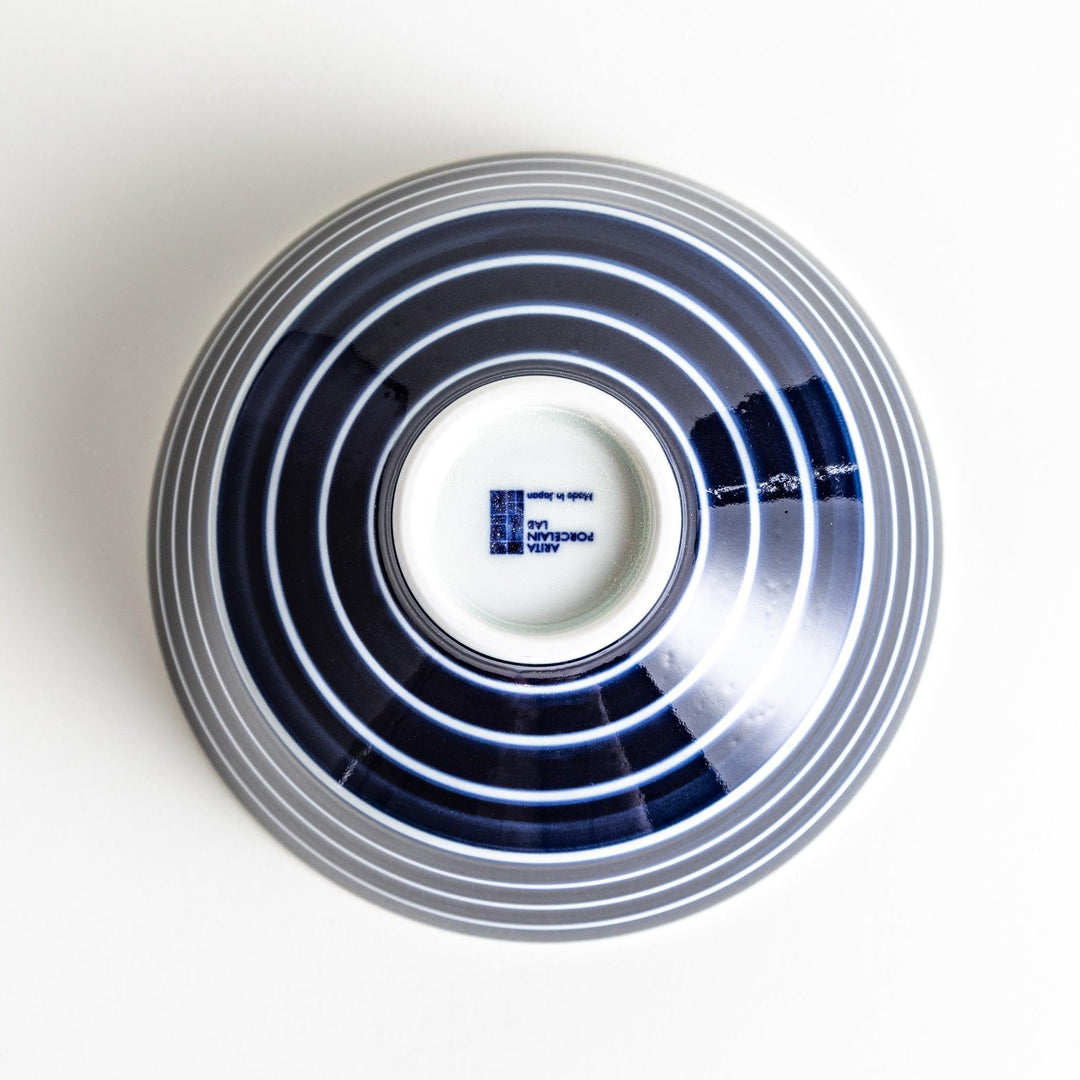 Medium-sized blue or red donburi bowl with thin horizontal white stripes and a matching dark base.