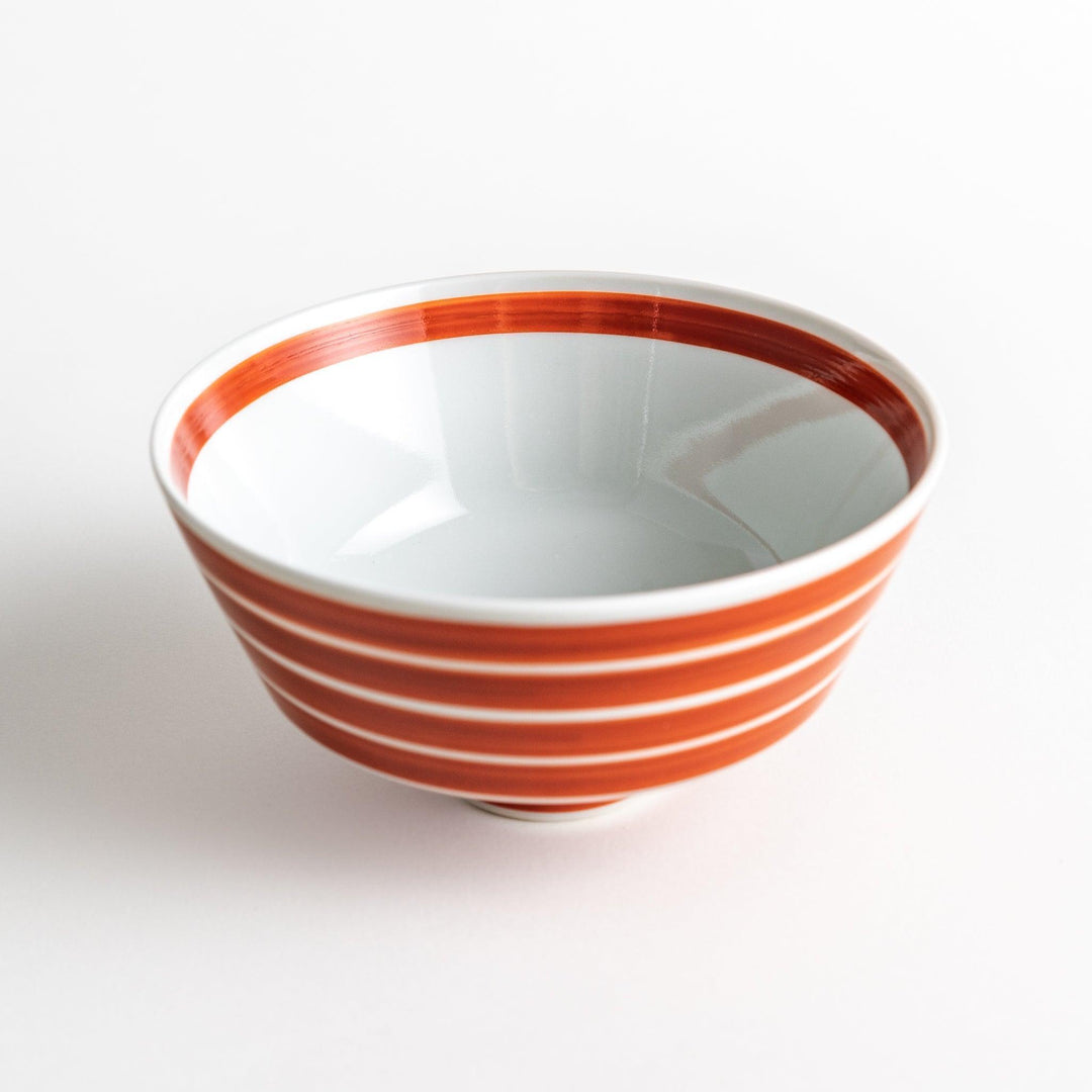 Medium-sized blue or red donburi bowl with thin horizontal white stripes and a matching dark base.