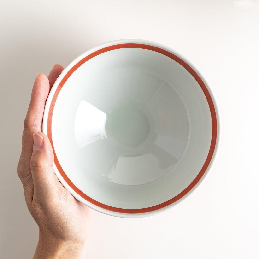 Medium-sized blue or red donburi bowl with thin horizontal white stripes and a matching dark base.