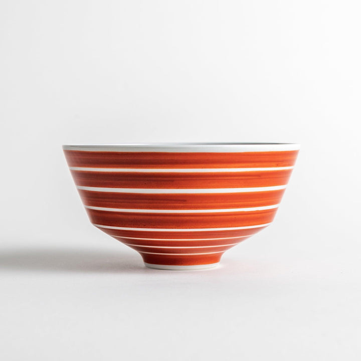 Medium-sized blue or red donburi bowl with thin horizontal white stripes and a matching dark base.