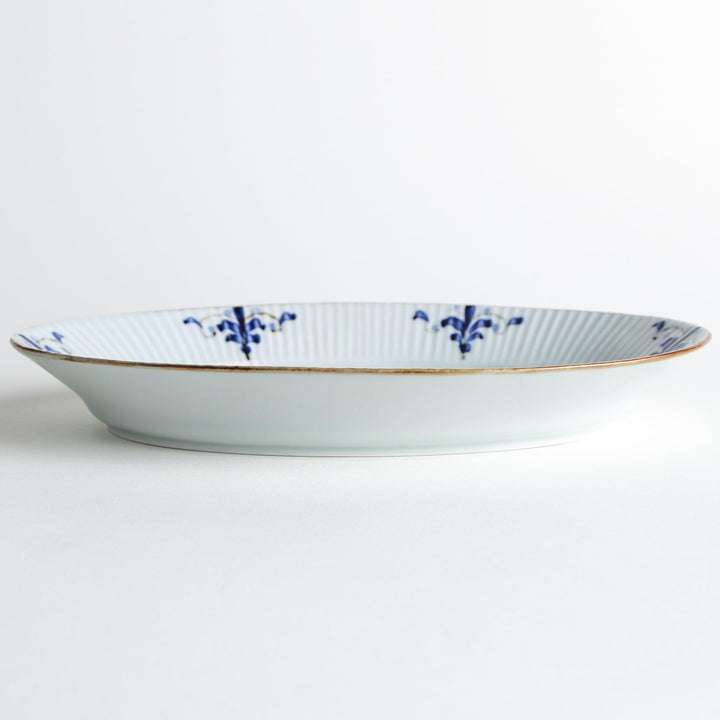 A medium-sized oval porcelain plate adorned with blue floral designs on the edges.