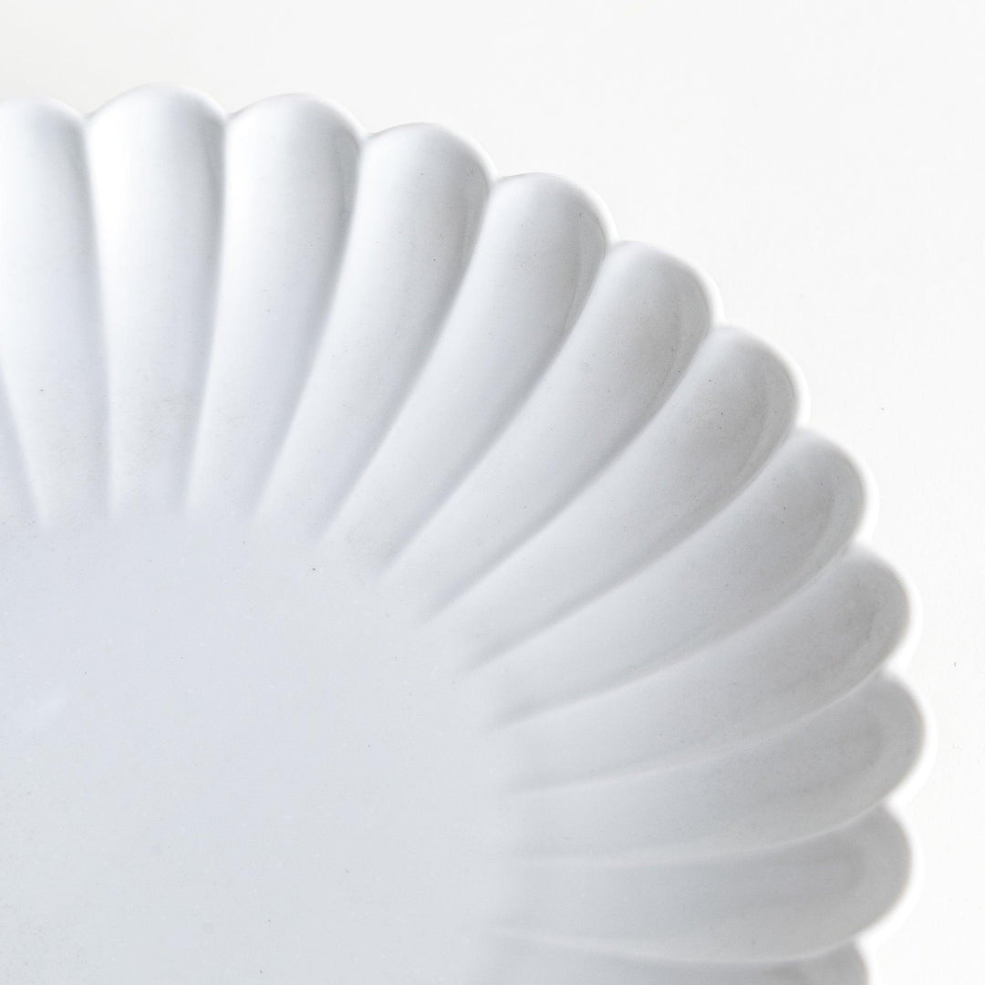 A white porcelain plate with a fluted design, resembling a flower in full bloom.